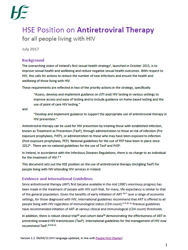 HSE Position on Antiretroviral Therapy